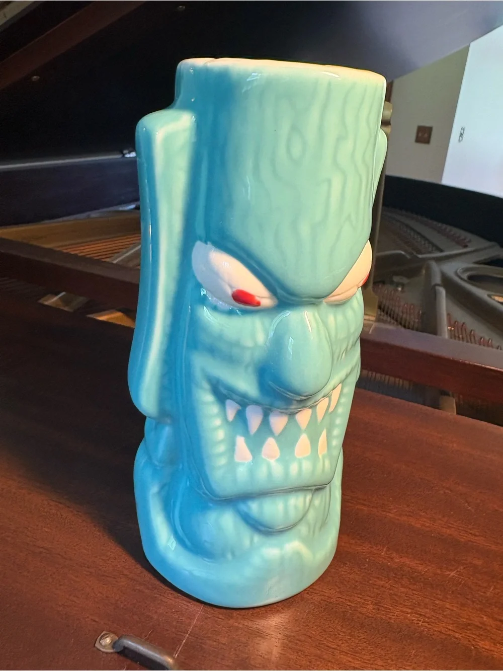 RARE Turquoise Tiki Lin Ceramic Pottery Tiki Mug Totem Face Red Eyes